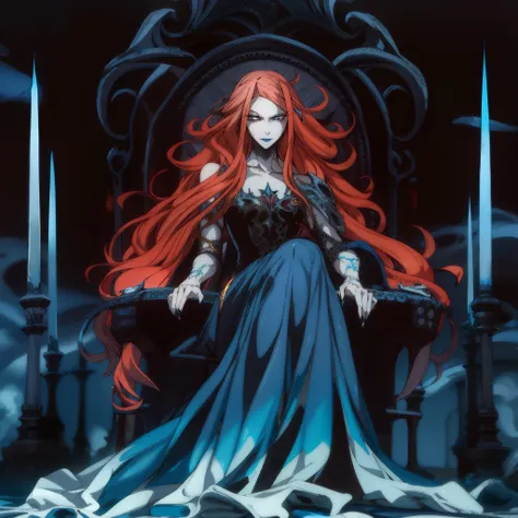 bouticca beautiful norse queen pale skin blue flames around her accentuated on a throne of bones