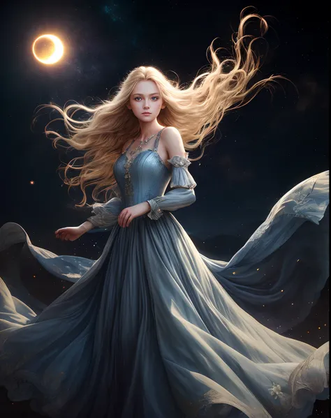 (best quality, masterpiece), young woman, pose, particle, wind, flower, upper body, night eclipse background, looking at viewer, long straight windblown blonde hair, detailded blue eyes, medieval princess blue dress, galaxy, backlit, rimlight, beautiful ar...