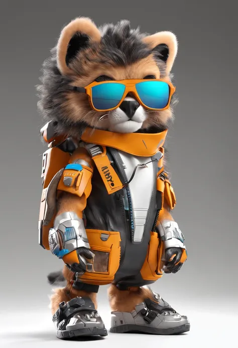 in full growth mini cute cub lion cyberpunk + jacket, nano-sunglasses, nano-devices, cybernetic prosthetic paw, boombox, isometric view, cinematic, hyperrealistic, backlighting, rendered in unreal, 8K