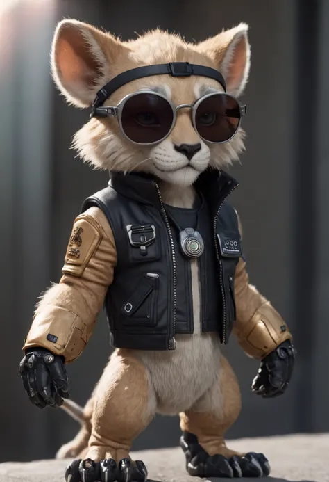 in full growth mini cute cub lion cyberpunk + jacket, nano-sunglasses, nano-devices, cybernetic prosthetic paw, boombox, isometric view, cinematic, hyperrealistic, backlighting, rendered in unreal, 8K