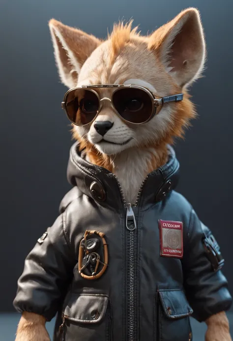 in full growth mini cute cub lion cyberpunk + jacket, nano-sunglasses, nano-devices, cybernetic prosthetic paw, boombox, isometric view, cinematic, hyperrealistic, backlighting, rendered in unreal, 8K