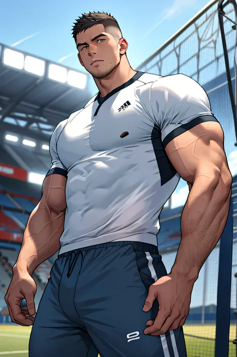 Draw a full-fledged athlete，Stand on the central field of the gym，He wears high-end sportswear，The man looks confident and determined，looking-down，Crew cut，full bodyesbian，shooting from below，