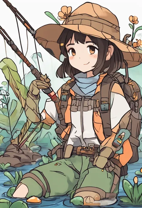 Cartoon girl in hat and fishing net, insect trainer girl, wearing a fisher 🧥, Female protagonist 👀 :8, chihiro! fujisaki, Female explorer mini cute girl, Fanart, official fanart, High-quality fanart, touhou character, Abigail from Stardew Valley, full body...