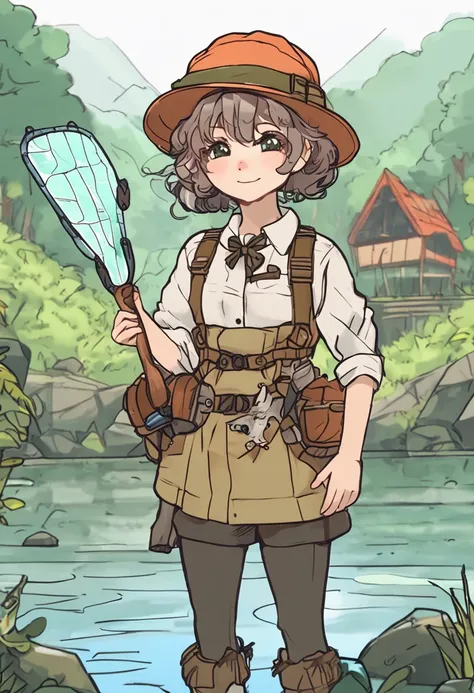 Cartoon girl in hat and fishing net, insect trainer girl, wearing a fisher 🧥, Female protagonist 👀 :8, chihiro! fujisaki, Female explorer mini cute girl, Fanart, official fanart, High-quality fanart, touhou character, Abigail from Stardew Valley, full body...