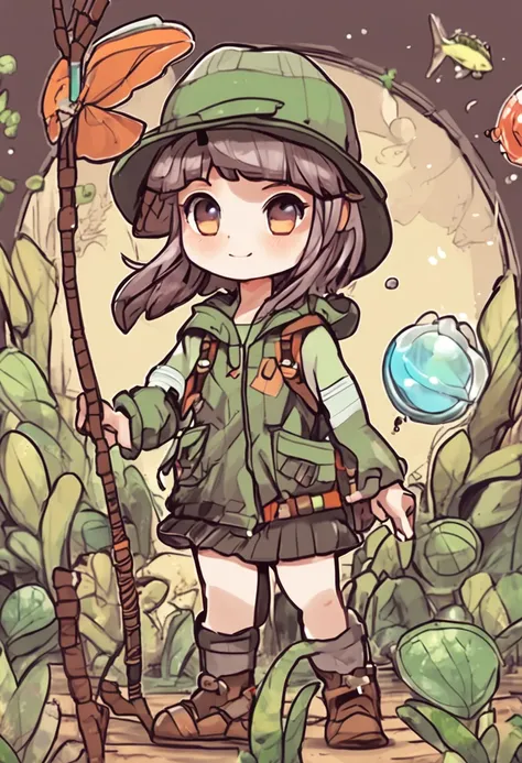 Cartoon girl in hat and fishing net, insect trainer girl, wearing a fisher 🧥, Female protagonist 👀 :8, chihiro! fujisaki, Female explorer mini cute girl, Fanart, official fanart, High-quality fanart, touhou character, Abigail from Stardew Valley, full body...