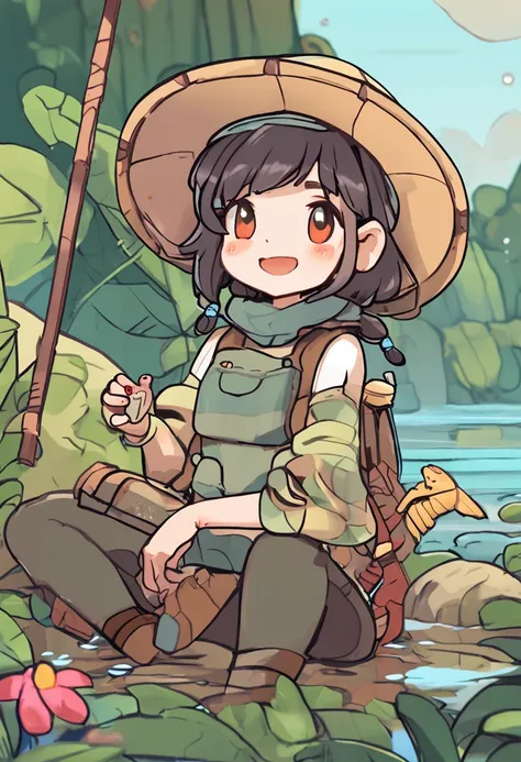 Cartoon girl in hat and fishing net, concept art inspired by theCHAMBA, Pisif, mingei, insect trainer girl, wearing a fisher 🧥, Female protagonist 👀 :8, chihiro! fujisaki, Female explorer mini cute girl, Fanart, official fanart, High-quality fanart, touhou...