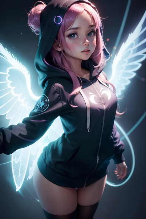 1girl in, Hoodie, Glowing wings,ultra-detailliert, in 8K, masutepiece, top-quality, Circular background