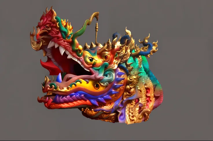 Colorful dragon statue on gray background with gray background, china silk 3d dragon, yellow dragon head festival, Chinese Dragon, smooth chinese dragon, Dragon Head, well designed female dragon head, chinese dragons fighting, chinese dragon concept art, d...