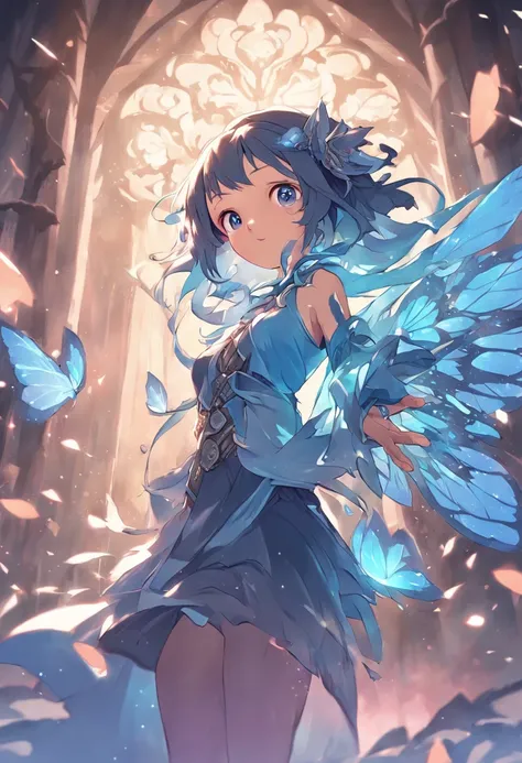 Cartoon image of a woman with blue butterfly wings, official character art, pixie character, insect trainer girl, character art of maple story, astral fairy, offcial art, beatrice blue, maya ali as a wind mage, water fairy,  faeries, official character ill...