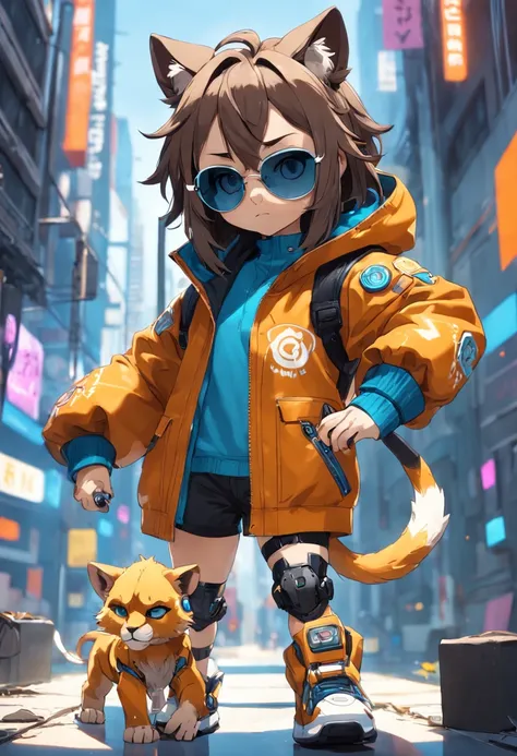 in full growth mini cute cub lion cyberpunk + jacket, nano-sunglasses, nano-devices, cybernetic prosthetic paw, boombox, isometric view, cinematic, hyperrealistic, backlighting, rendered in unreal, 8K