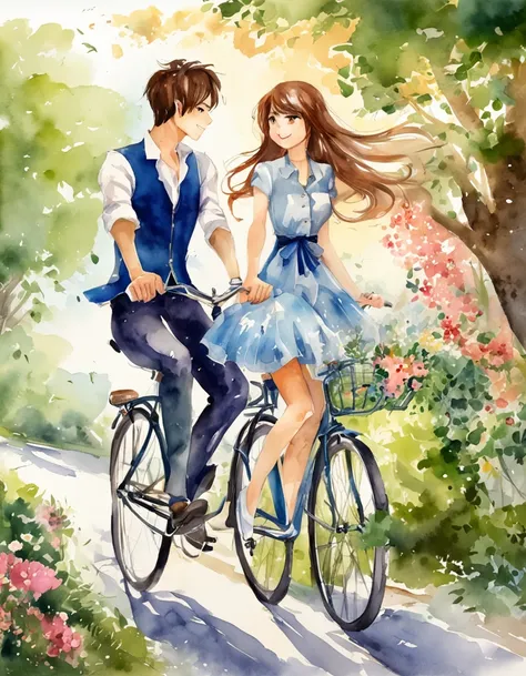 anime，hdr style，illustration，comfyui，nsfw，2.5d，comfy
A man pedals a bicycle， 1 woman sitting on a bicycle，They kiss in the wind，Bikes gallop along mountain roads，romantic couple，Petals are flying all over the sky，baiyun，Blue sky，Far Mountain