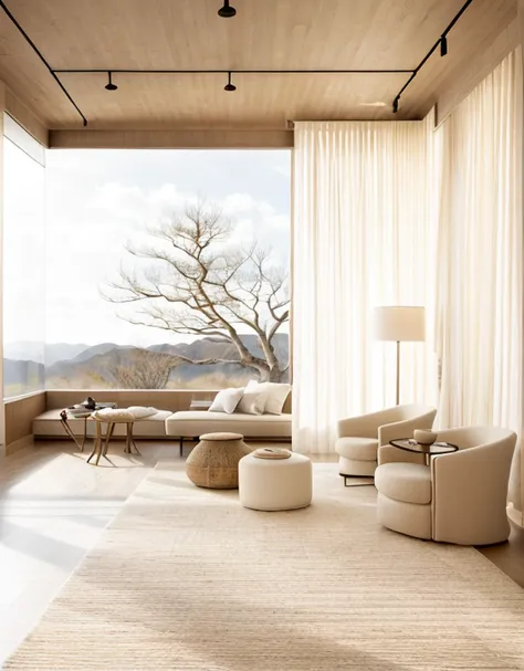 There was a room，There are large windows and chairs, serene and peaceful style, cream - colored room, soft zen minimalist, soothing and cozy landscape, warm interior, natural window lighting, airy landscape, beige color scheme, quiet and serene atmosphere,...