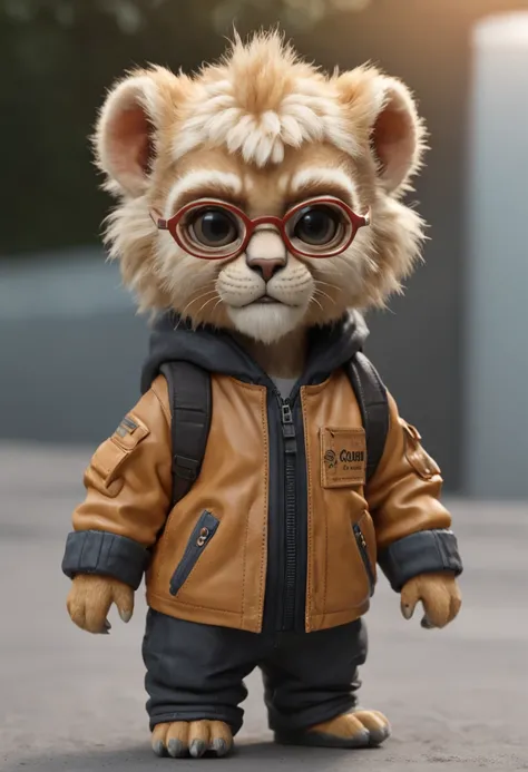 in full growth mini cute cub lion cyberpunk in jacket, nano-glasses, nano-devices, boombox, isometric view, cinematic, hyperrealistic, backlighting,extreme low-angle, highly detailed, zoomed out, rendered in unreal, 8K