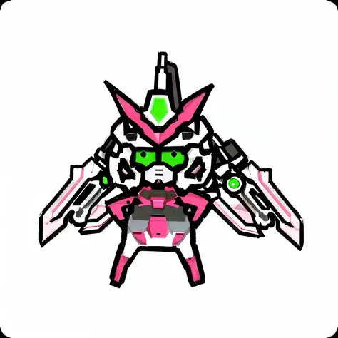 A robot with big green eyes and a pink body, Mobile Suit, Extreme Gundam,  jetfire, EVA unit, cool mecha style,, ferra white mecha,  battroid mode, universe background