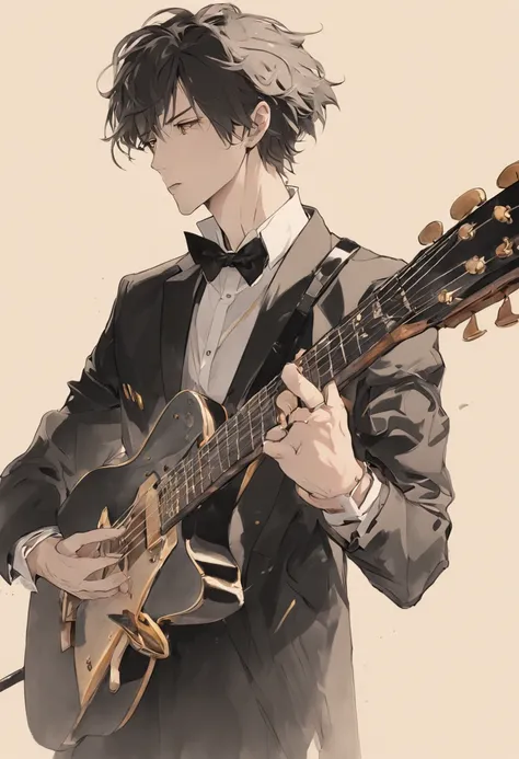 [On a blank piece of paper, A realistic portrait of handsome James playing guitar is drawn in graphite pencil. He is in the profile, Look ahead with serious eyes, Condensed expression. He wears a black suit，With a bow tie. He holds the guitar with both han...