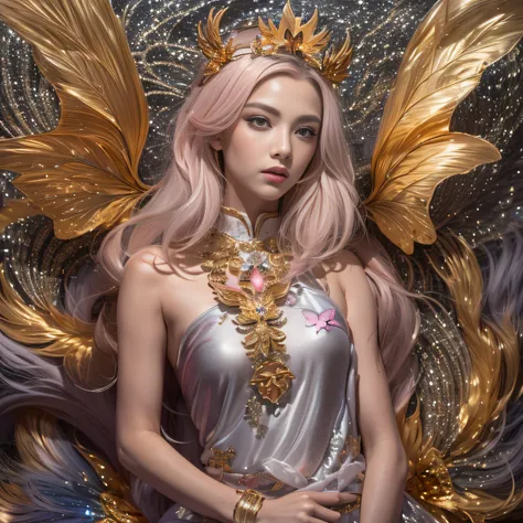 32K（tmasterpiece，k hd，hyper HD，32K）Short flowing light orange hair，Gold jewelry area in the back room，Female fairy ，Silver Gold Dragon Protector （realisticlying：1.4），Python pattern robe，Purple-pink tiara，Gold foam flutters，The background is pure，Hold your ...