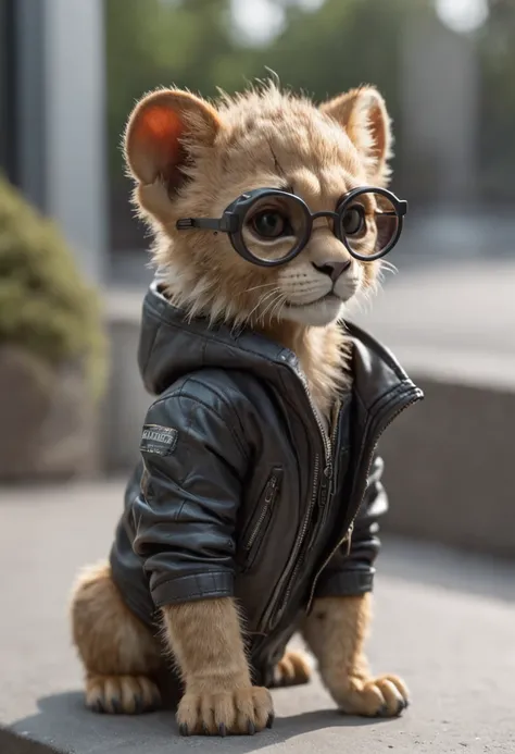 Full-length mini cute lion cub cyberpunk in jacket, Nano glasses, Nano-devices, boombox, isometric view, Cinematic, A hyper-realistic, Backlighting,Extremely low angle, Highly detailed, zoomed out, Rendered in Unreal, 8K