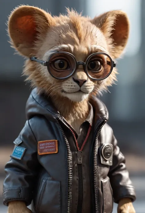 Full-length mini cute lion cub cyberpunk in jacket, Nano glasses, Nano-devices, boombox, isometric view, Cinematic, A hyper-realistic, Backlighting,Extremely low angle, Highly detailed, zoomed out, Rendered in Unreal, 8K