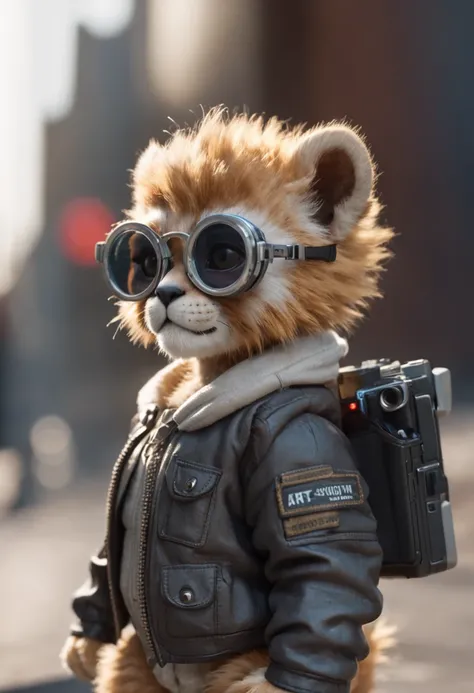 Full-length mini cute lion cub cyberpunk in jacket, Nano glasses, Nano-devices, boombox, isometric view, Cinematic, A hyper-realistic, Backlighting,Extremely low angle, Highly detailed, zoomed out, Rendered in Unreal, 8K