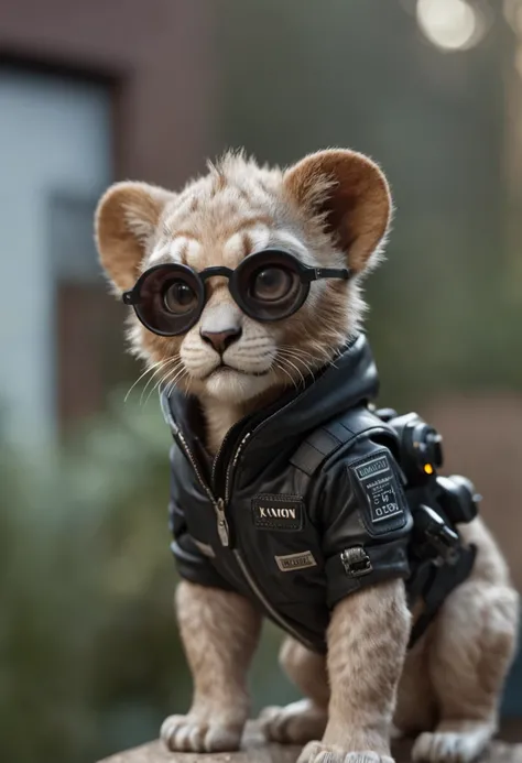 Full-length mini cute lion cub cyberpunk in jacket, Nano glasses, Nano-devices, boombox, isometric view, Cinematic, A hyper-realistic, Backlighting,Extremely low angle, Highly detailed, zoomed out, Rendered in Unreal, 8K