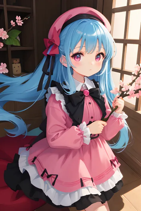 (masterpiece),(illustration),(best quality:1.3),outdoor,(cherry blossom),accurate anatomy,indoor,(very cute girl,face focus:1.4),pink beret,gothic pink dress,ruby eyes BREAK long (blue) hair,