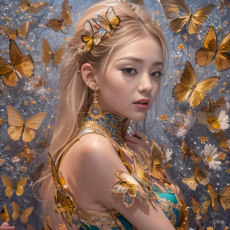 32K（tmasterpiece，k hd，hyper HD，32K）Short flowing light orange hair，Gold jewelry area in the back room，Female fairy ，Silver Gold Dragon Protector （realisticlying：1.4），Python pattern robe，Purple-pink tiara，Gold foam flutters，The background is pure，Hold your ...