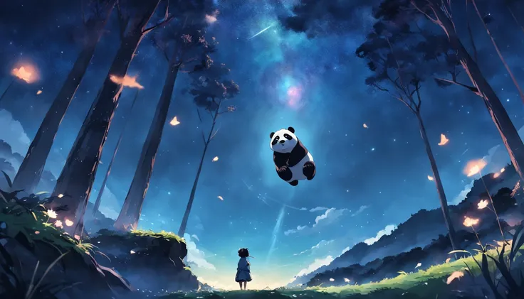 tmasterpiece, best qualityer, cinematic Film still from, 1 panda, Panda Cloud, brightly, cheerfulness, Soft lighting and warmth, natta, Panda in forest looking up at the sky，catching stars, Starry sky, (spark of light:0.7)