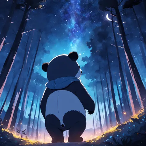 tmasterpiece，best qualityer，cinematic Film still from，1 panda，natta，Panda in forest looking up at the stars，Turn your back to the stars，Starry sky，spark of light