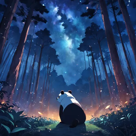 tmasterpiece，best qualityer，cinematic Film still from，1 panda，natta，Panda in forest looking up at the stars，Turn your back to the stars，Starry sky，spark of light