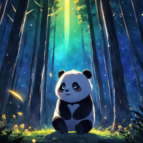 tmasterpiece，best qualityer，cinematic Film still from，1 panda，natta，Panda in forest looking up at the stars，Turn your back to the stars，Starry sky，spark of light