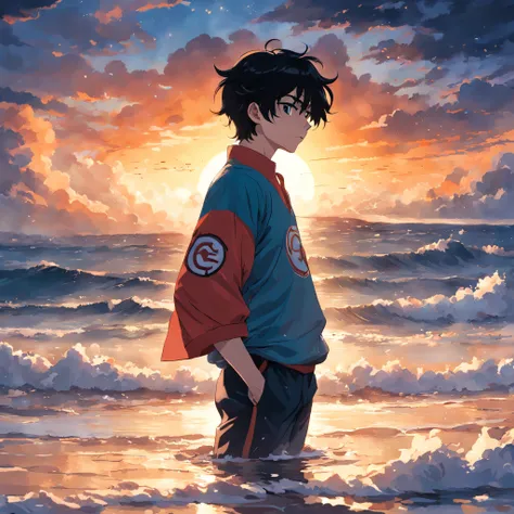 tmasterpiece，best qualtiy，cinematic Film still from，1boy，Cloud Boy，Have by the sea，closeup cleavage，brightly，cheerfulness，Warm and soft lighting，the sunset，long trousers，Black hair，Black baseball uniform（spark of light：0.7）