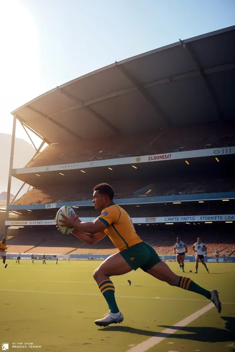 Date: 1965
Location: Cape Town, South Africa
Description: A rugby player lunges forward with determination, capturing a moment of athletic prowess against the backdrop of a sunlit stadium.