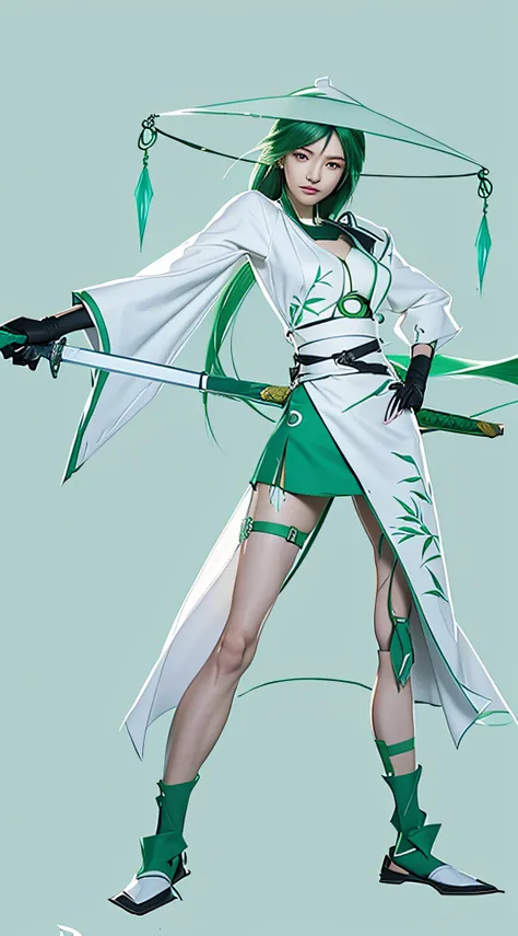 Cartoon of a woman holding a sword in white and green, Akali, full-body xianxia, Anime character design, kunoichi, Katana Zero video game character, akali from league of legends, concept art style, G Liulian art style, Inspired by Shen Zhou, saints ( valor...