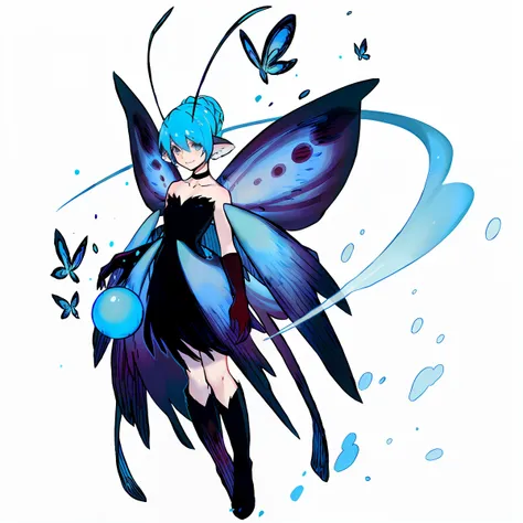 Anime - Style image of a woman with blue hair and butterfly costume, insect trainer girl, pixie character, character art of maple story, water fairy, official character art, faeries, fae, pixie, Rem Rezero, touhou character, Official artwork, Fairy, cirno,...