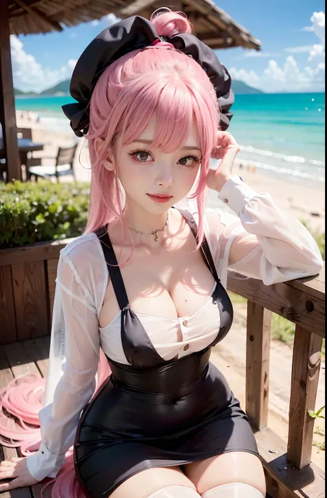 8k resolution, high resolution, single, girl, fair skin, big eyes, long eyelashes, sweet silkworm, deep eyes, lipstick, smile, ((pink hair)), messy hair, hair details, face details, ((white slip shirt)), ((black dress)), summer sun, nature, cute little ani...