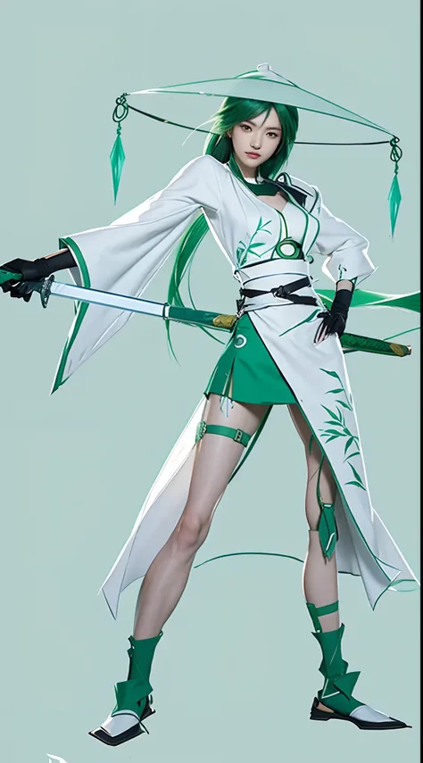 Cartoon of a woman holding a sword in white and green, Akali, full-body xianxia, Anime character design, kunoichi, Katana Zero video game character, akali from league of legends, concept art style, G Liulian art style, Inspired by Shen Zhou, saints ( valor...