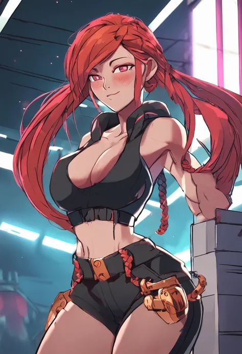 makima (chainsaw man), best quality, ultra detailed, 1girl, solo, standing, red hair, long braided hair, golden eyes, bangs, medium breasts, (sexy armpits), (nsfw), full body, sitting, (Gym outfit), (squats), stare, smile, (evil:1.2), looking at viewer, (i...