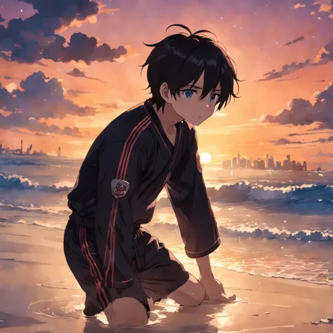 tmasterpiece，best qualtiy，cinematic Film still from，1boys，Have by the sea，closeup cleavage，brightly，cheerfulness，Warm and soft lighting，the sunset，long trousers，brunette color hair，Black baseball uniform。