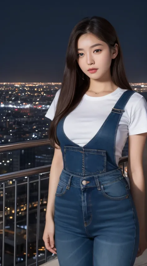 ((Midnight, Best quality, 8k, Masterpiece :1.3)), Whole body, Long legs, Sharp focus :1.2, A pretty woman with perfect figure :1.4, Slender abs :1.1, ((Dark brown hair, Big breasts :1.2)), (White tight tshirt, Jean bib, Standing:1.2), ((Night city view, Ro...