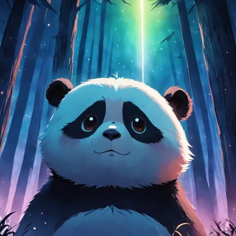 tmasterpiece，best qualityer，cinematic Film still from，1 panda，Close-up，natta，Panda looking up at the stars in the forest，Turn your back to the stars，Starry sky，spark of light