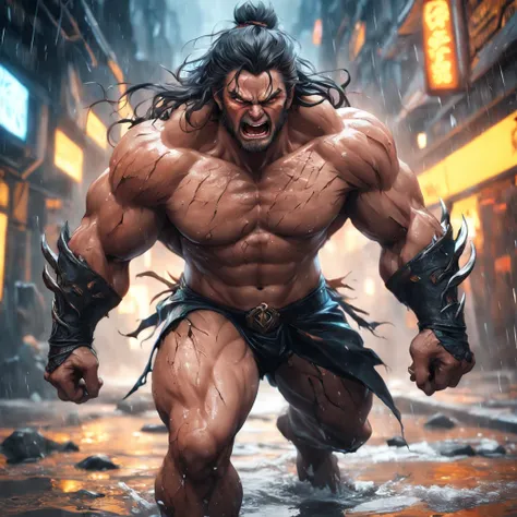 (professional 3d render:1.3) af (Realistic:1.3) The most beautiful artistic photo in the world，soft features, Smart male hero, ((Epic hero fantasy rough muscular man wet hero angry looks long hair, Intense expression of short beard and dynamic pose, Fantas...