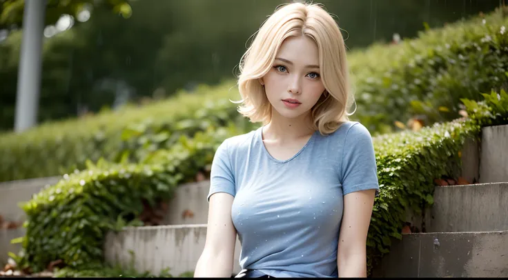 Germanic maiden，Soaked shirt，denim short，with short golden hair，Slightly curly hair，eBlue eyes，sweat leggs，Sit on the steps and pose，fully body photo，rainy days，True proportions，detail-rich，perfect body figure，real photograph，canon 6d