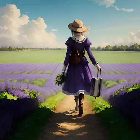 Violet Evegarden walks through the field with her suitcase