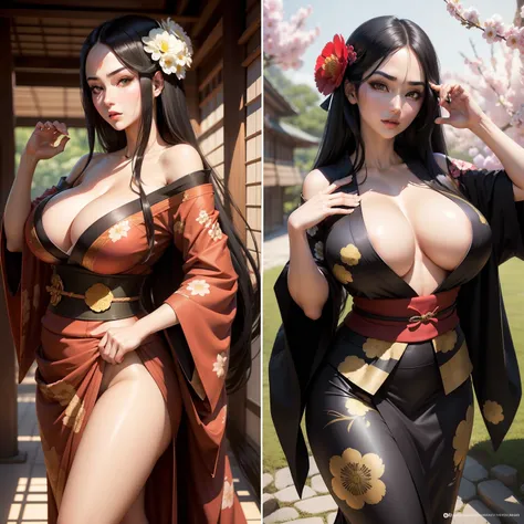 Black hair, green eyes, kimono, Tsunade, long hair, (huge tits), random pose, detailed face, detailed eyes, long hair, flower,