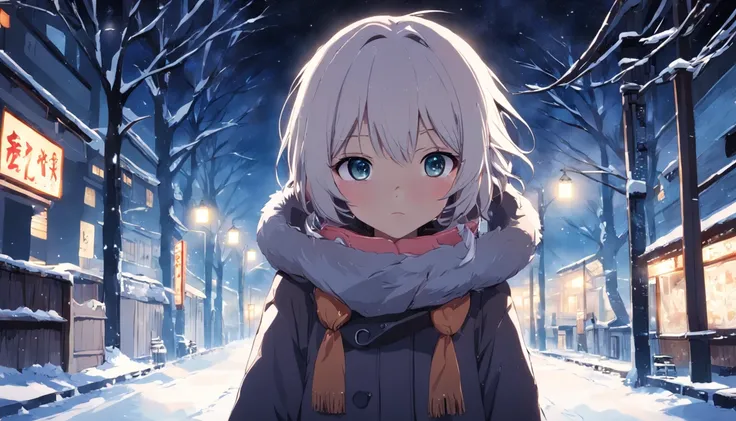 anime girl, 1girl, snowy winter night, faraway shot, looking at camera