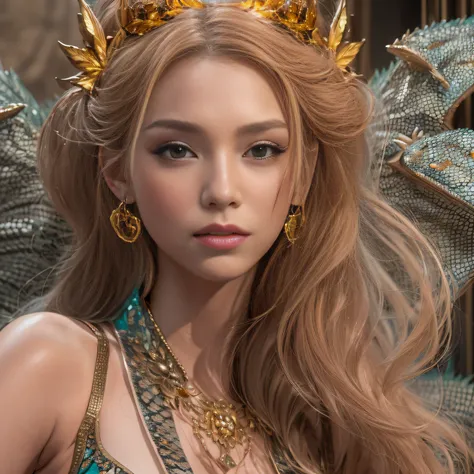 32K（tmasterpiece，k hd，hyper HD，32K）Short flowing light orange hair，Gold jewelry area in the back room，Female fairy ，Bronze Dragon Protector （realisticlying：1.4），Python pattern robe，Purple-pink tiara，Gold foam flutters，The background is pure，Hold your head ...