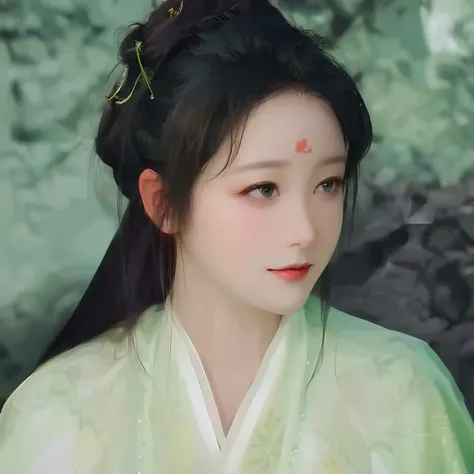 Close-up of a woman in a green dress，There are flowers on the forehead,   Wearing ancient Chinese clothes, light yarn， Xianxia, Princesa chinesa antiga，ancient chinese beauti