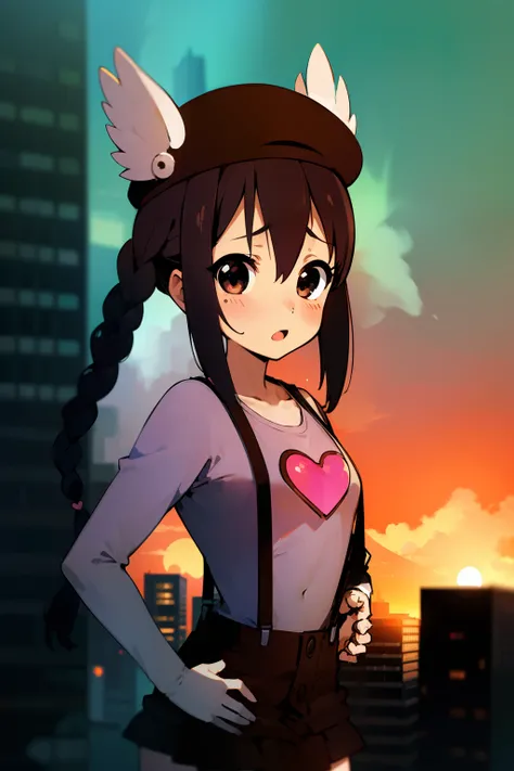 1girl, (((​masterpiece))), top-quality, top-quality, High Details, nakano azusa, 1girl, Twin-tailed, length hair, A dark-haired, brown-eyed, Gray T-shirt.suspenders.a black skirt.illustratio, comic strip, soothing tones, Subdued Color, Soft cinematic light...