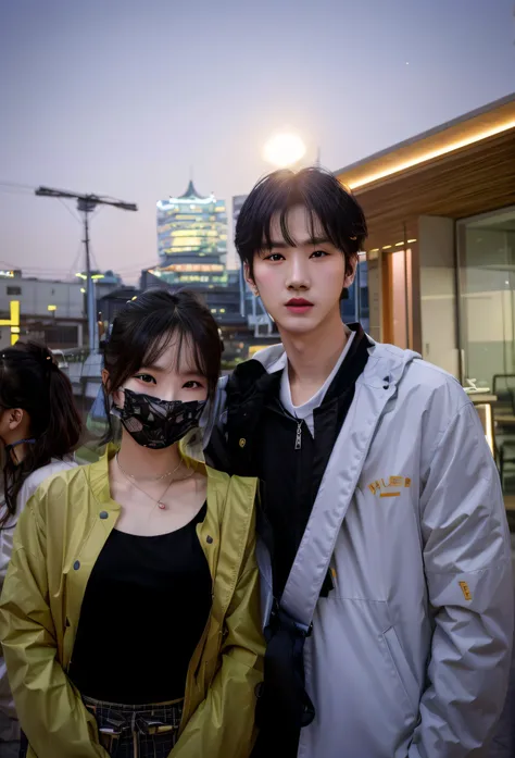 they pose for photos in front of buildings wearing masks, ruan jia and fenghua zhong, cai xukun, wenjun lin, yanjun cheng, huang...