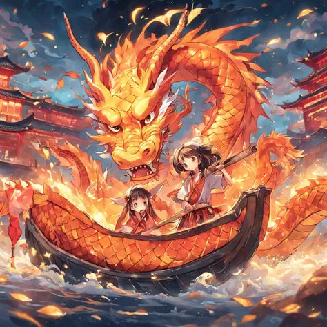 Chinese traditional festival Dragon Boat Festival,(Chinese illustration:1.3，Chinese elements),( reasonable design, Clear lines, High sharpness,Best quality, Very detailed, Masterpiece, movie light effect, 4K )